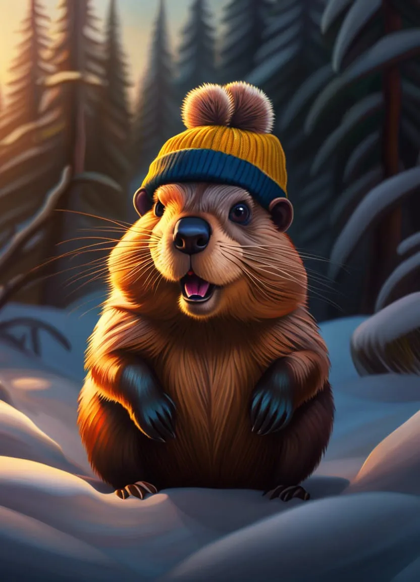 Baby Beaver wearing a beanie
